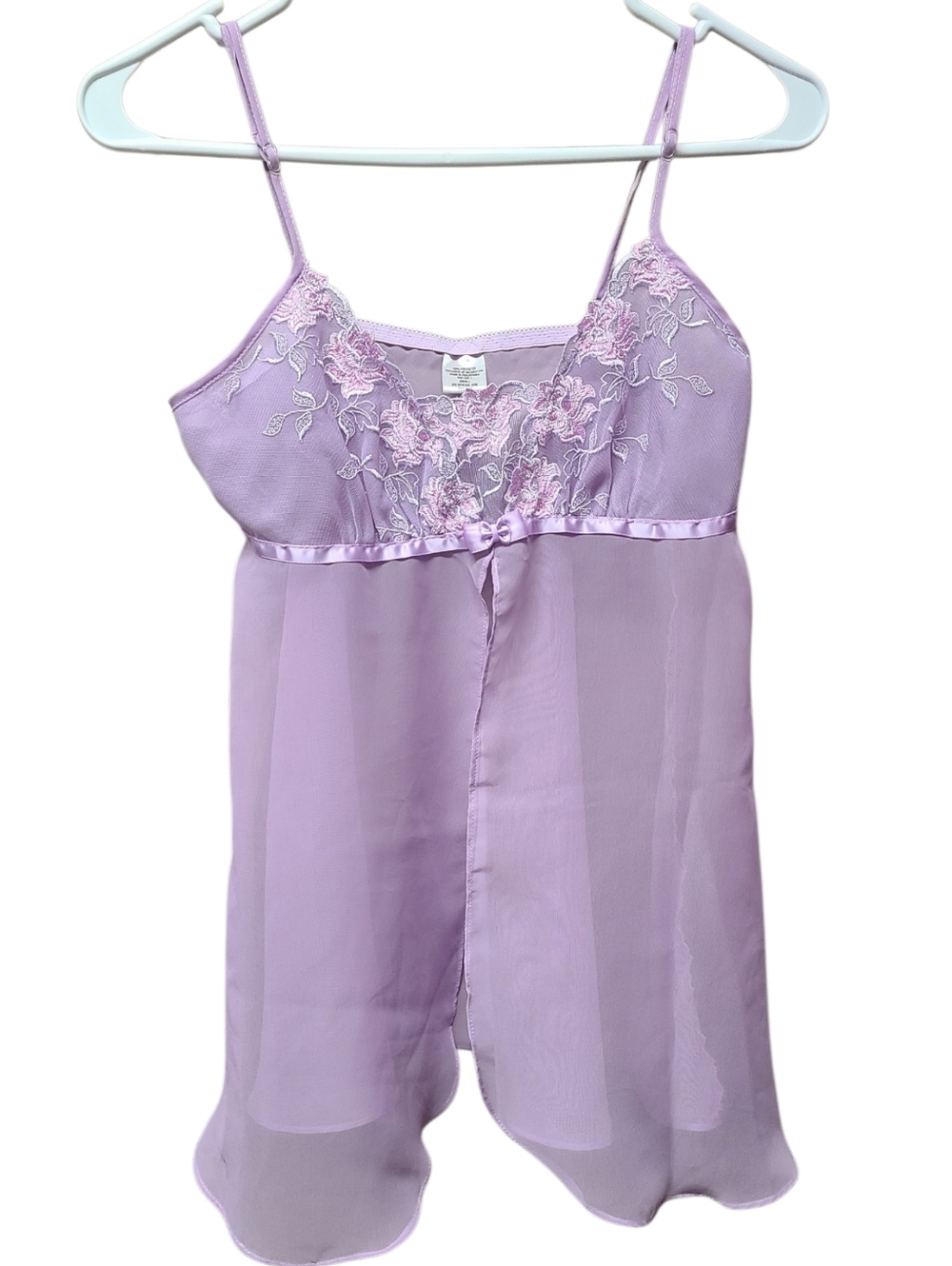 Womens Babydoll Sheer Lavender Lace Chemise with Satin Trim Small